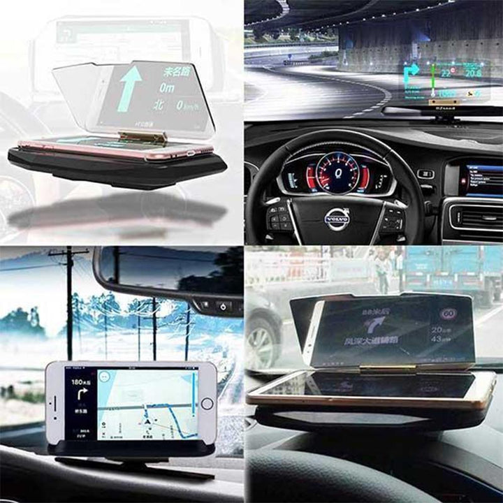 "Svart HUD Display och mobilhållare för bil, med trådlös laddning och tydlig display i ljusa förhållanden."