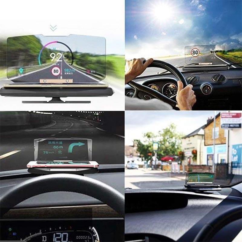 "Svart HUD Display och mobilhållare för bil, med trådlös laddning och tydlig display i ljusa förhållanden."