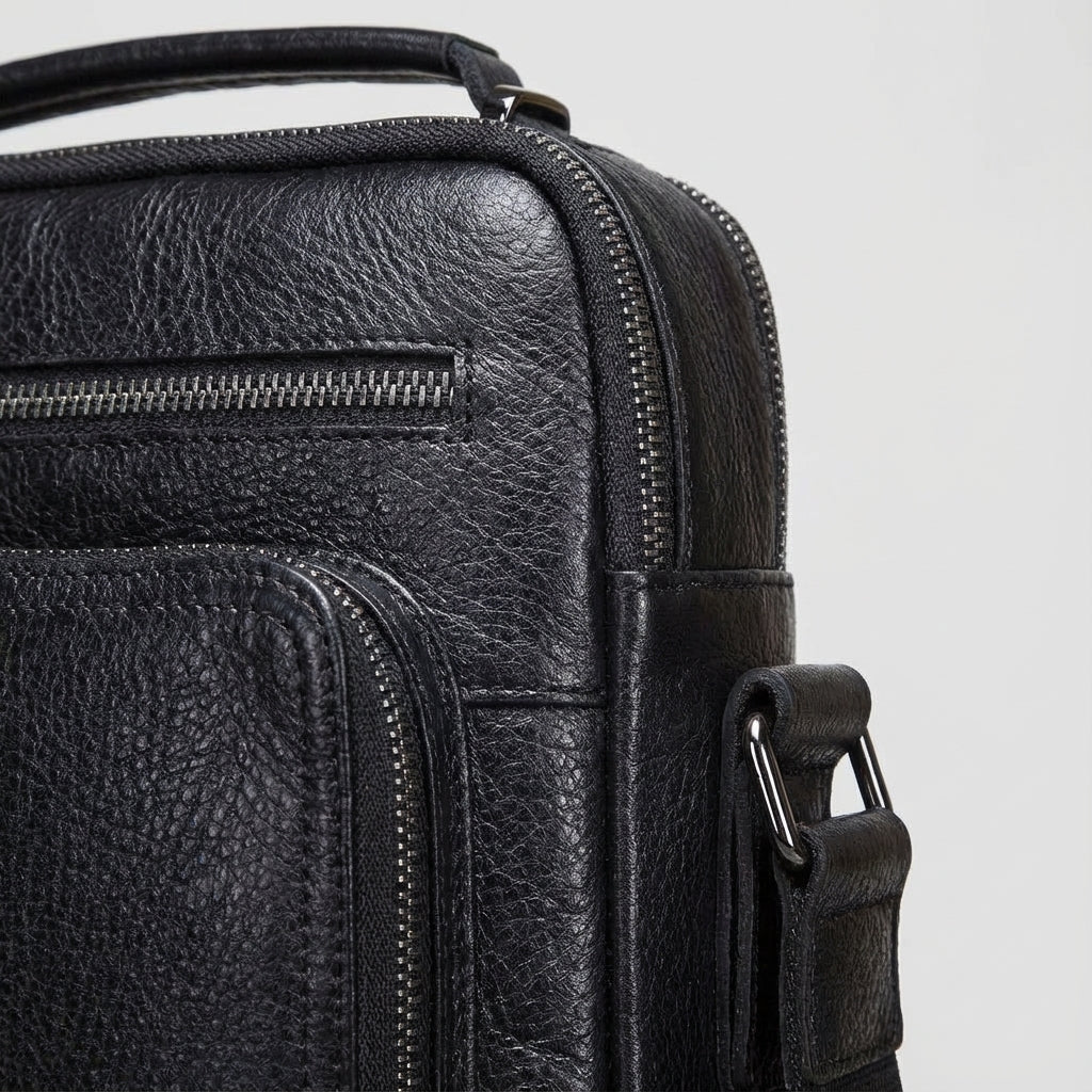 Elegant svart kompakt läderväska, perfekt som unisex messenger eller axelväska för professionellt bruk och skola.
