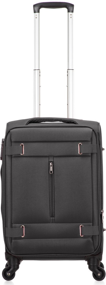 Utdragbart handtag på mörkblå handbagageväska Porto, lättviktig och flexibel för flyg.