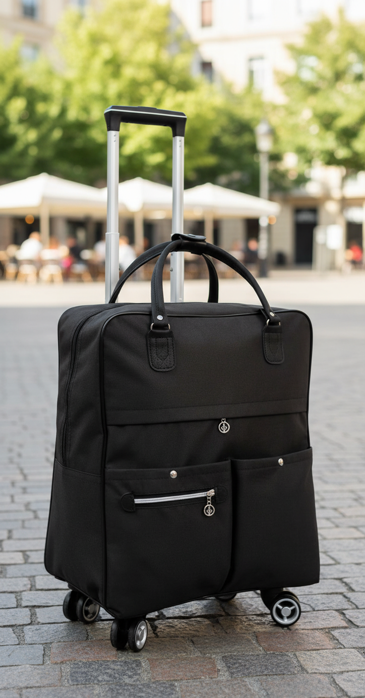 Svart lättvikts resväska i oxfordtyg, perfekt som smidigt handbagage och kabinbagage för flygresor.