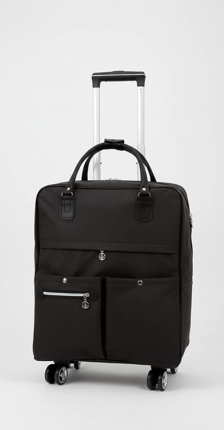 Lätt svart hjulväska för handbagage, med smidiga hjul för enkel transport på flygplatsen och resan.