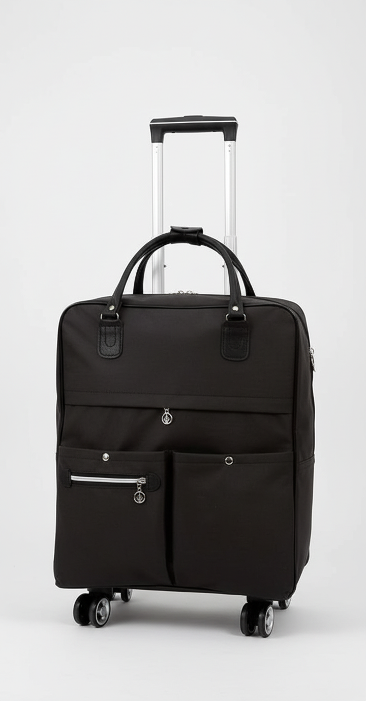 Lätt svart hjulväska för handbagage, med smidiga hjul för enkel transport på flygplatsen och resan.