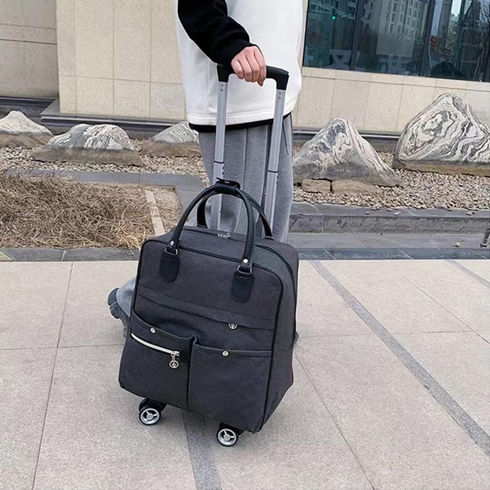 Lättmanövrerad svart resväska i oxfordtyg, perfekt lättviktshandbagage för smidig resa genom flygplatser.