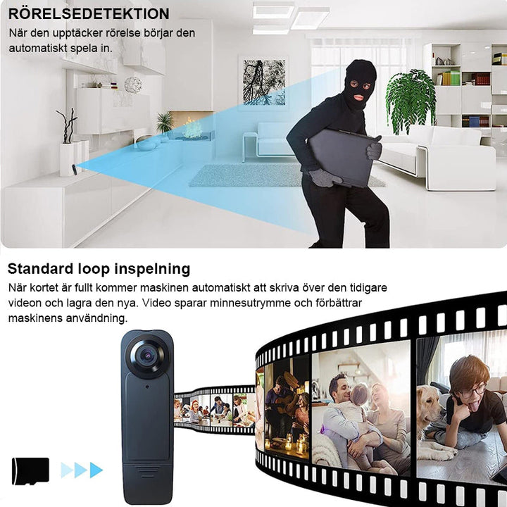 "Svart mini kroppskamera för videoinspelning, kompakt och lätt design med vidvinkelobjektiv och högupplöst kvalitet."