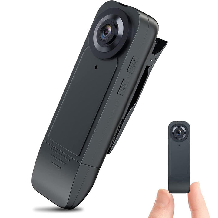 "Svart mini kroppskamera för videoinspelning, kompakt och lätt design med vidvinkelobjektiv och högupplöst kvalitet."