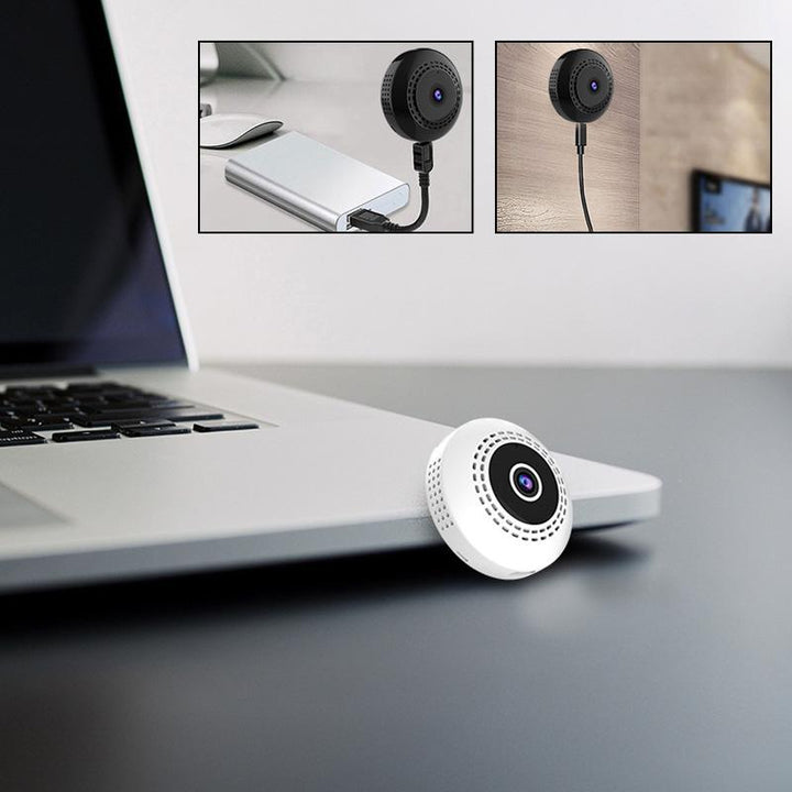 Svart mini WiFi-kamera för hem och bil, kompakt design, högupplöst video, mörkerseende, magnetisk bas för enkel placering.