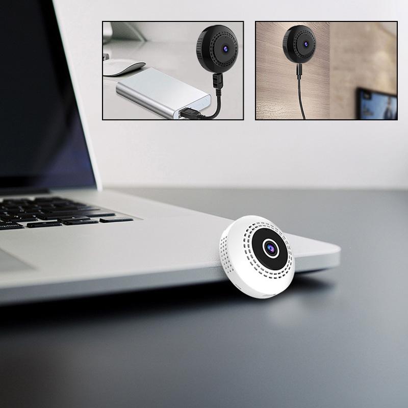 Svart mini WiFi-kamera för hem och bil, kompakt design, högupplöst video, mörkerseende, magnetisk bas för enkel placering.