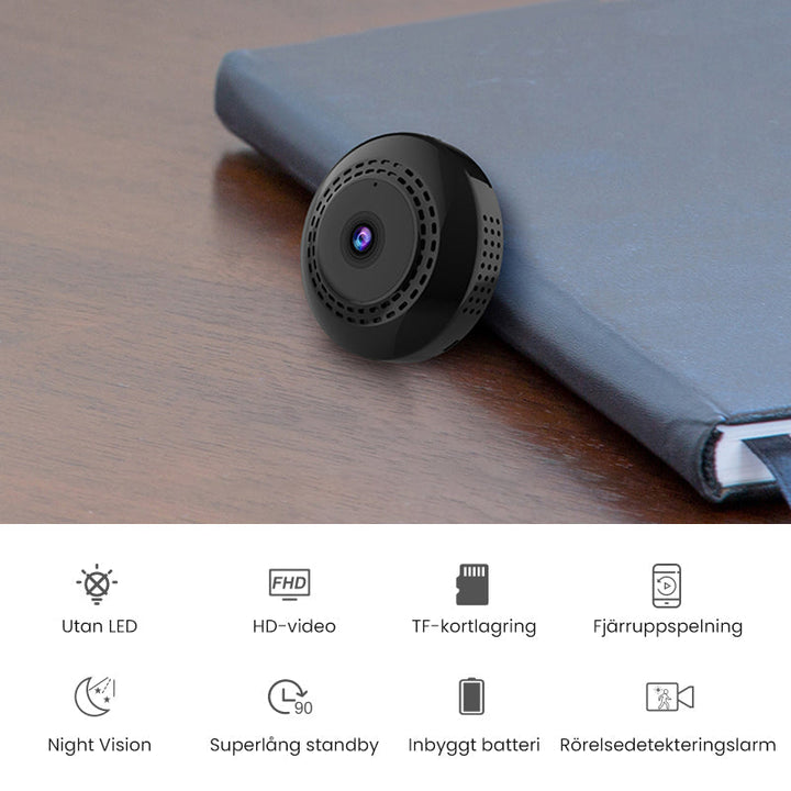 Svart mini WiFi-kamera för hem och bil, kompakt design, högupplöst video, mörkerseende, magnetisk bas för enkel placering.