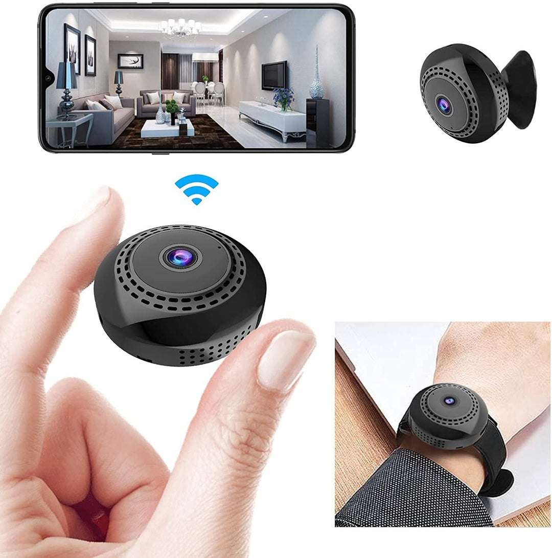 Svart mini WiFi-kamera för hem och bil, kompakt design, högupplöst video, mörkerseende, magnetisk bas för enkel placering.