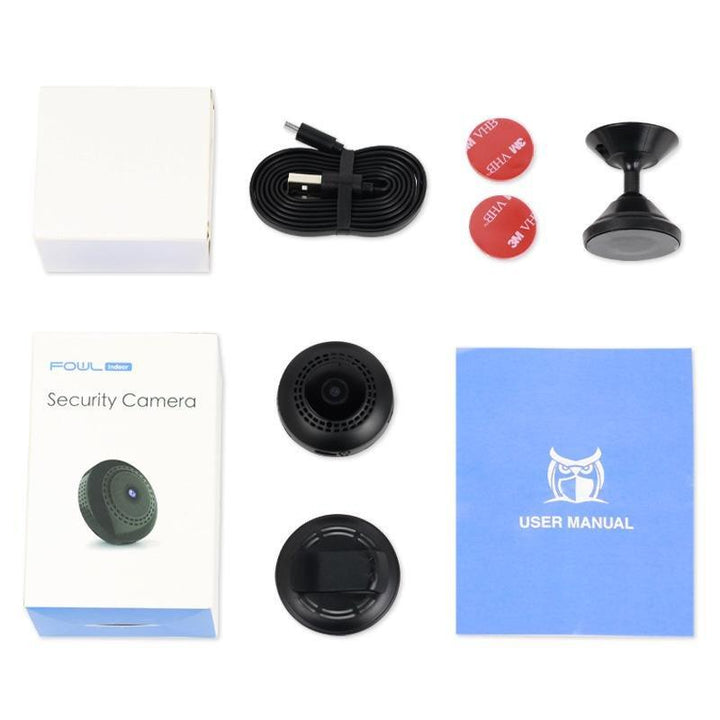 Svart mini WiFi-kamera för hem och bil, kompakt design, högupplöst video, mörkerseende, magnetisk bas för enkel placering.
