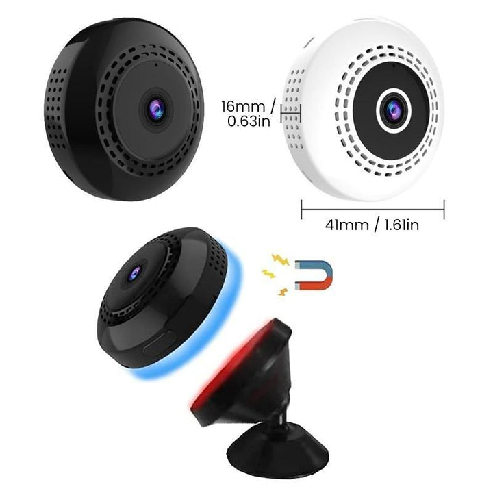 Svart mini WiFi-kamera för hem och bil, kompakt design, högupplöst video, mörkerseende, magnetisk bas för enkel placering.