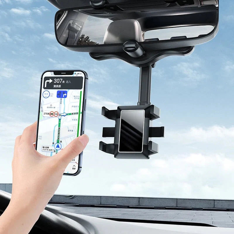 "Svart mobilhållare för backspegel i bil, multifunktionell design med 360-graders rotation och enkel enhandsdrift."