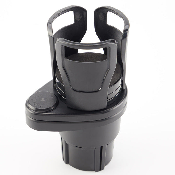 "Svart modern bil mugghållare med justerbar bas och shockproof kuddar, kompakt design för två drycker, 360° roterbar."