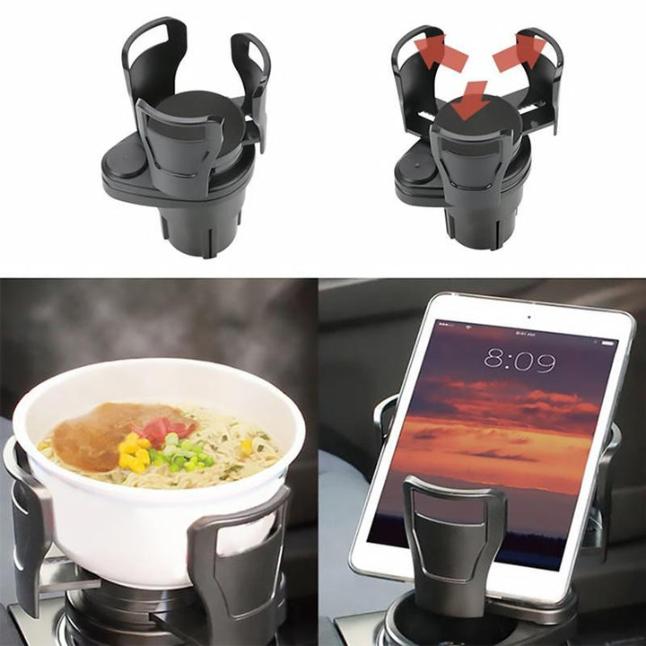 "Svart modern bil mugghållare med justerbar bas och shockproof kuddar, kompakt design för två drycker, 360° roterbar."