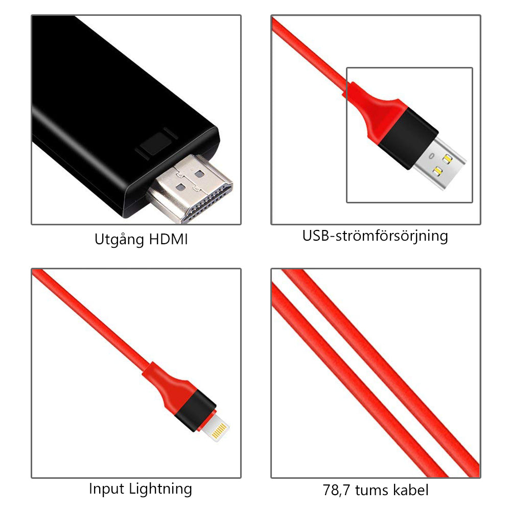 "Svart och röd HDMI-skärmadapterkabel, 2m, kompatibel med iOS/Android, 1080P HD, för TV-anslutning och spegling."