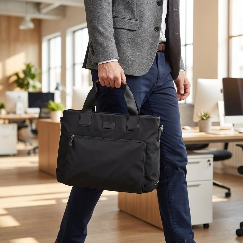 Svart Oxford laptopväska ShieldBag för säkra arbetsresor, med skyddande fack och smart organisering.