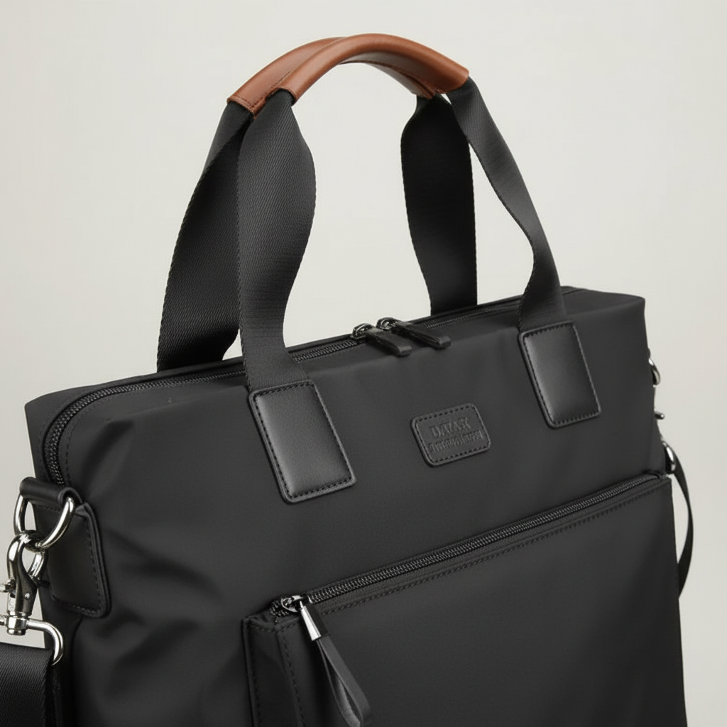 Unisex businessväska i svart Oxford-tyg för laptop. Professionell och säker pendlarväska.