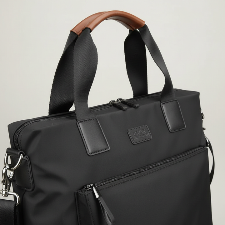 Unisex businessväska i svart Oxford-tyg för laptop. Professionell och säker pendlarväska.