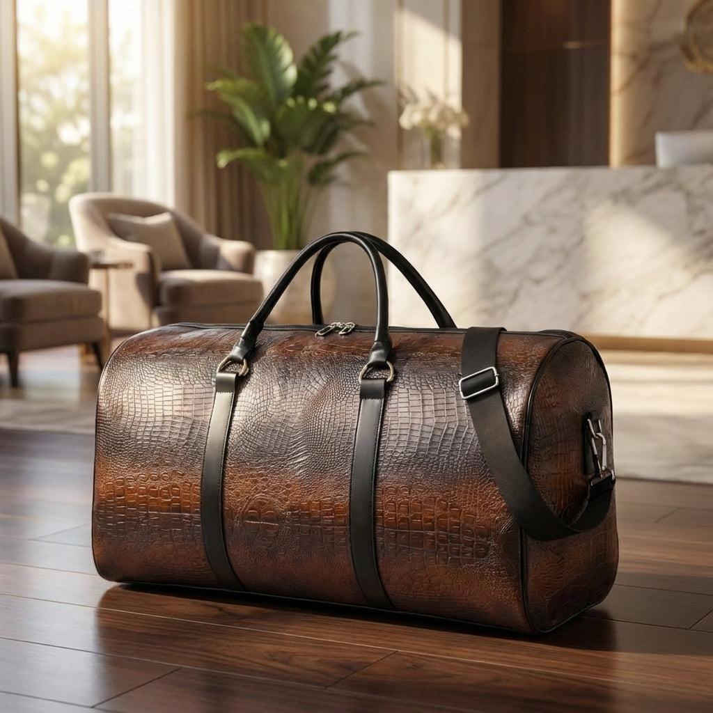Svart resväska med justerbar axelrem, perfekt som handbagage för korta resor. Slitstark duffelväska.