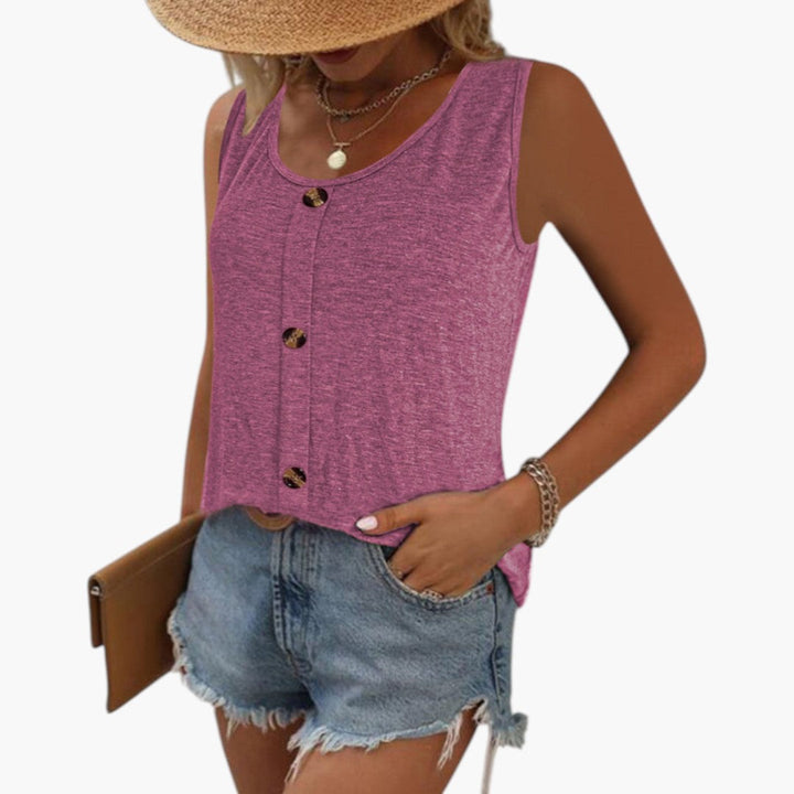 Grå ärmlös topp för kvinnor med rund hals och dekorativa knappar, en elegant och bekväm vardagstopp för sommaren.