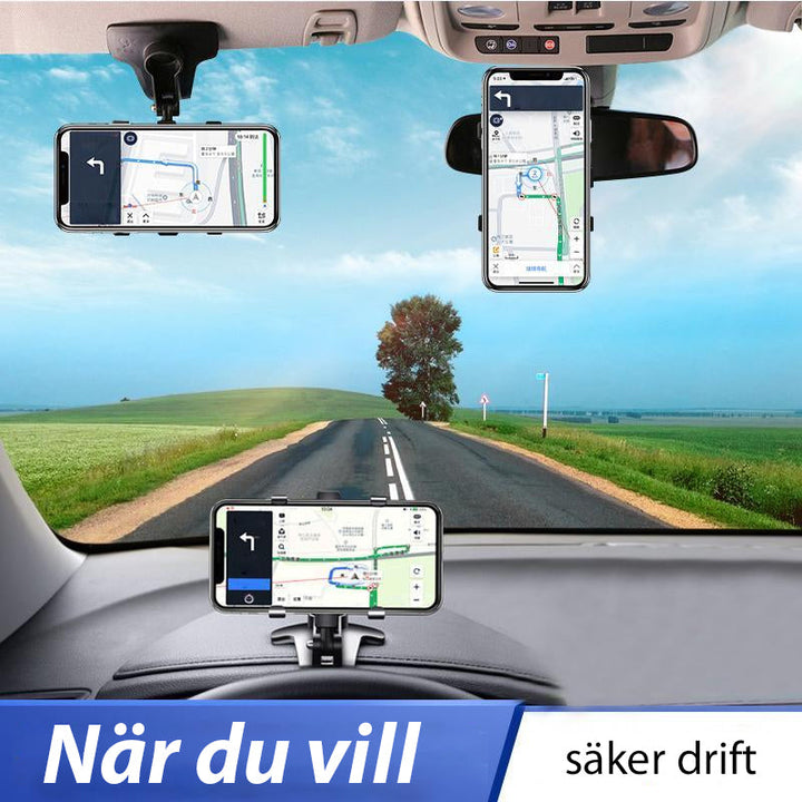 "Svart roterbar telefonhållare för bil, 360 graders justering, lätt att montera, universell passform för smartphones."