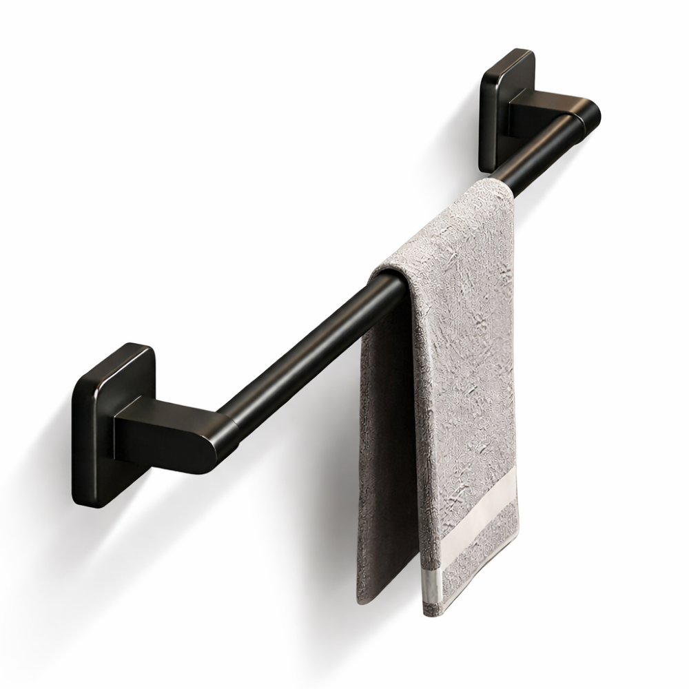 Svart självhäftande handdukshållare i aluminium. Stilren design för badrum.
