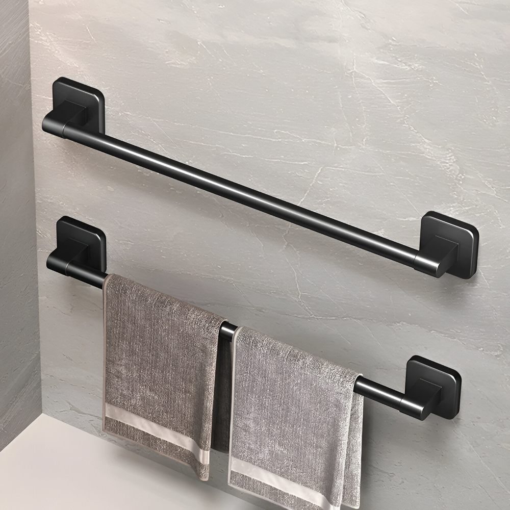 Stilren svart aluminium handdukshängare, självhäftande. Perfekt badrumsförvaring.