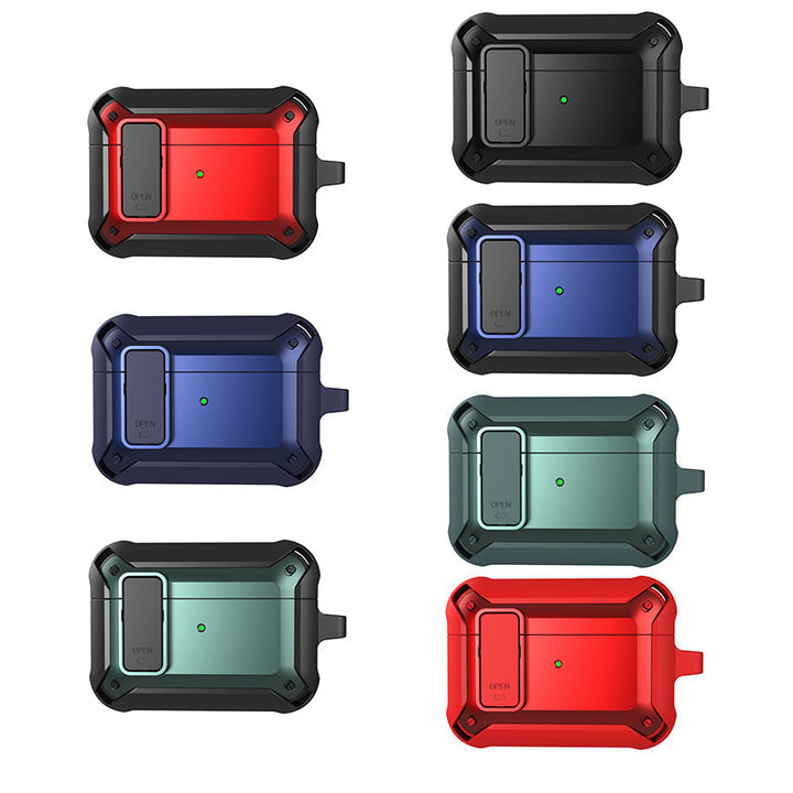 "Svart skyddande AirPods-fodral med säkerhetslås och karbinhake, silikon-PC-TPU material, stötskydd och repfritt."