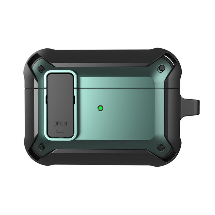 "Svart skyddande AirPods-fodral med säkerhetslås och karbinhake, silikon-PC-TPU material, stötskydd och repfritt."