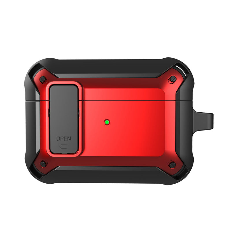 "Svart skyddande AirPods-fodral med säkerhetslås och karbinhake, silikon-PC-TPU material, stötskydd och repfritt."