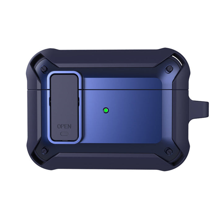 "Svart skyddande AirPods-fodral med säkerhetslås och karbinhake, silikon-PC-TPU material, stötskydd och repfritt."