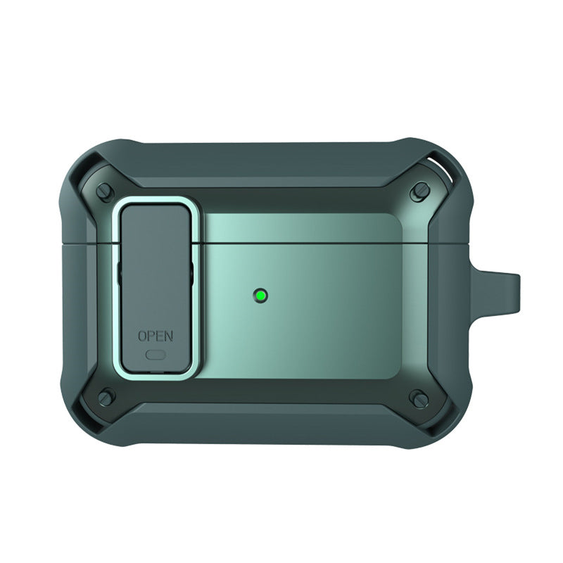 "Svart skyddande AirPods-fodral med säkerhetslås och karbinhake, silikon-PC-TPU material, stötskydd och repfritt."
