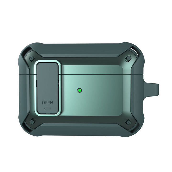 "Svart skyddande AirPods-fodral med säkerhetslås och karbinhake, silikon-PC-TPU material, stötskydd och repfritt."
