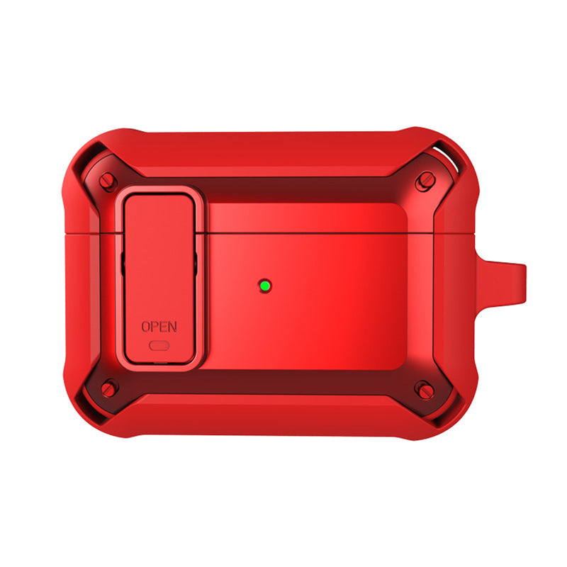 "Svart skyddande AirPods-fodral med säkerhetslås och karbinhake, silikon-PC-TPU material, stötskydd och repfritt."