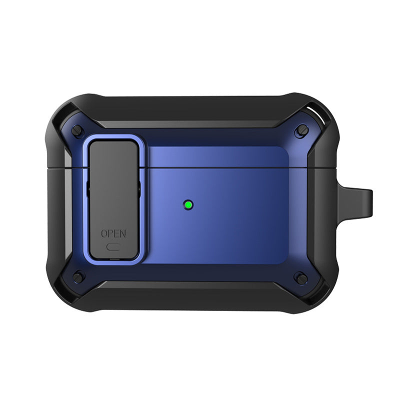 "Svart skyddande AirPods-fodral med säkerhetslås och karbinhake, silikon-PC-TPU material, stötskydd och repfritt."