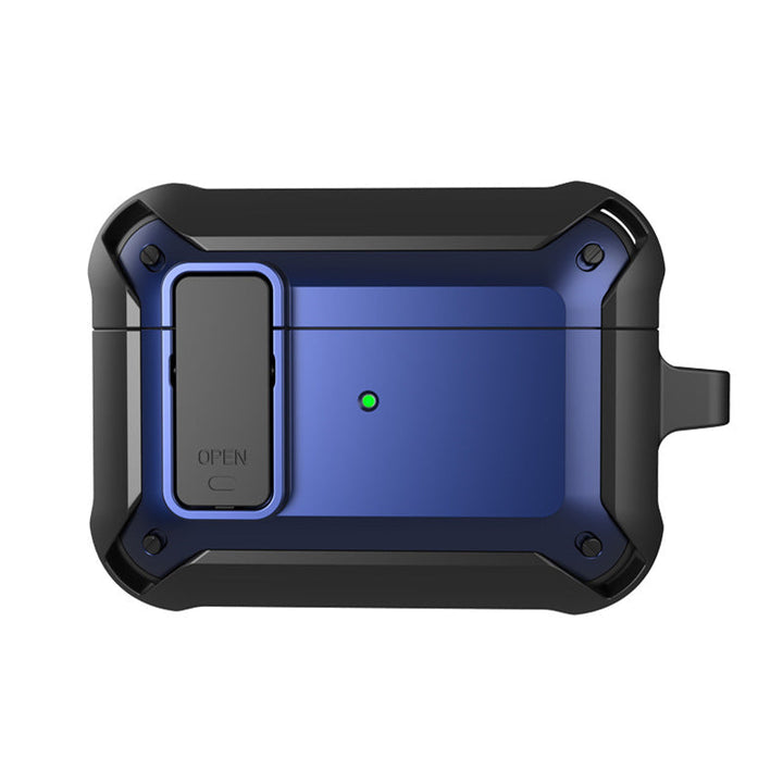 "Svart skyddande AirPods-fodral med säkerhetslås och karbinhake, silikon-PC-TPU material, stötskydd och repfritt."
