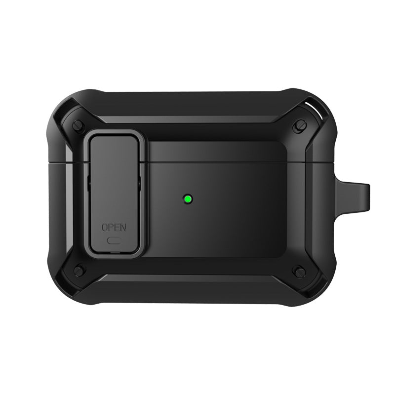 "Svart skyddande AirPods-fodral med säkerhetslås och karbinhake, silikon-PC-TPU material, stötskydd och repfritt."