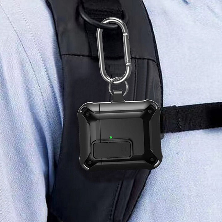 "Svart skyddande AirPods-fodral med säkerhetslås och karbinhake, silikon-PC-TPU material, stötskydd och repfritt."