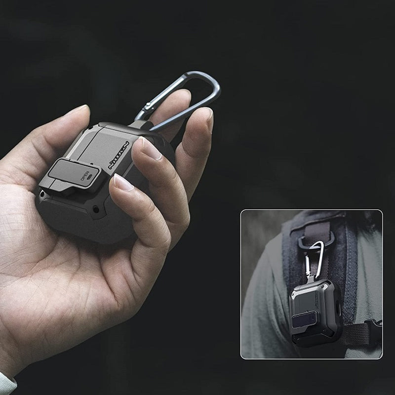 "Svart skyddande AirPods-fodral med säkerhetslås och karbinhake, silikon-PC-TPU material, stötskydd och repfritt."