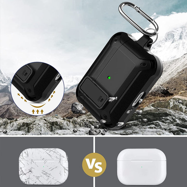 "Svart skyddande AirPods-fodral med säkerhetslås och karbinhake, silikon-PC-TPU material, stötskydd och repfritt."
