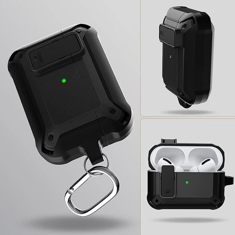 "Svart skyddande AirPods-fodral med säkerhetslås och karbinhake, silikon-PC-TPU material, stötskydd och repfritt."