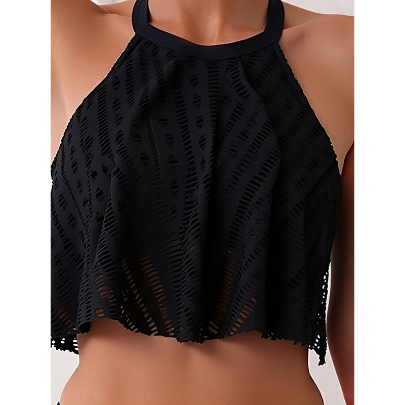 Bekväm svart crop-top bikini med hög midja för damer. Trendiga badkläder för sommar och sol.