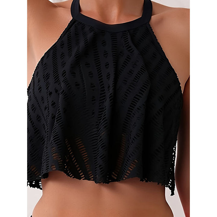 Bekväm svart crop-top bikini med hög midja för damer. Trendiga badkläder för sommar och sol.