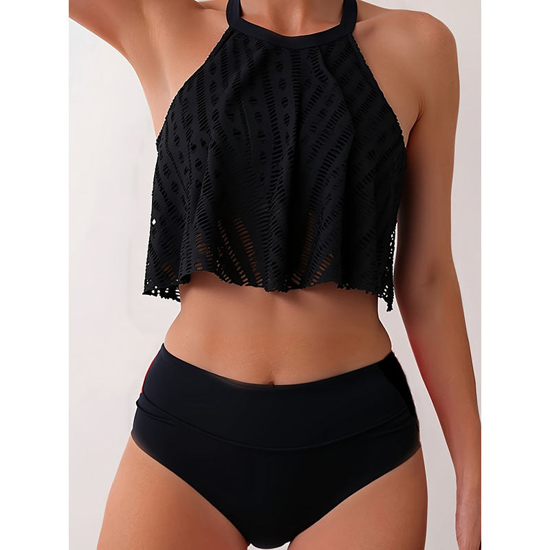 Dam crop-top bikini set i svart design. Högmidjade trosor & sportig topp för stranddagar.