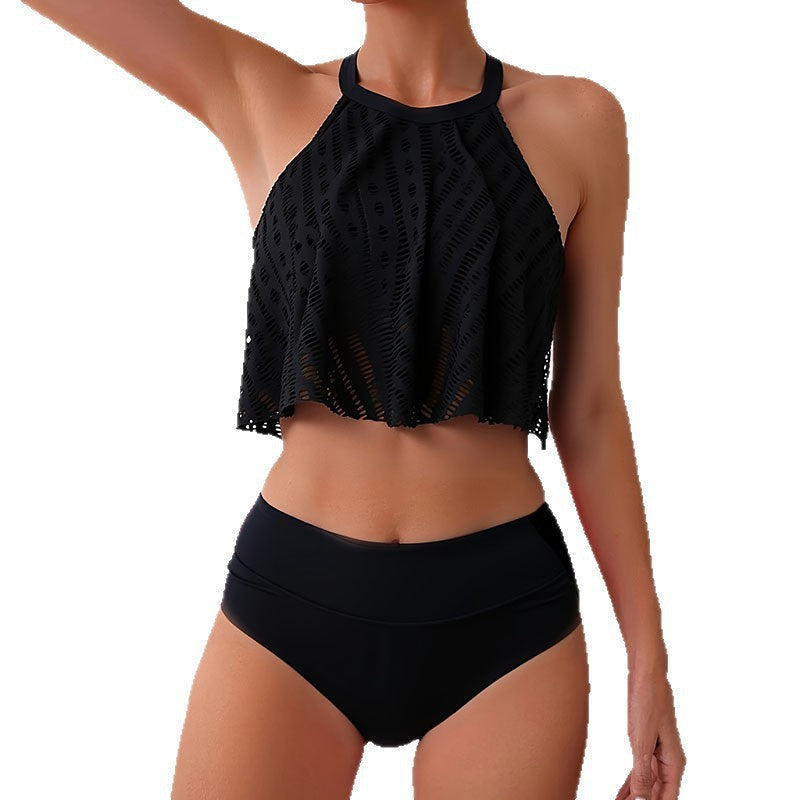 Stilren sportig crop-top bikini för damer. Svart med hög midja, perfekt för soliga strandäventyr.
