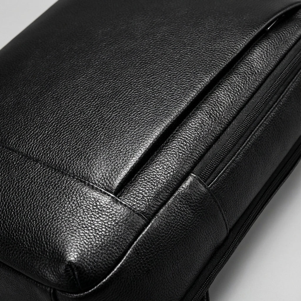 Hållbar svart unisex ryggsäck i läder för skol- och arbetsbruk, med smart organisering och laptopfack (17 tum).
