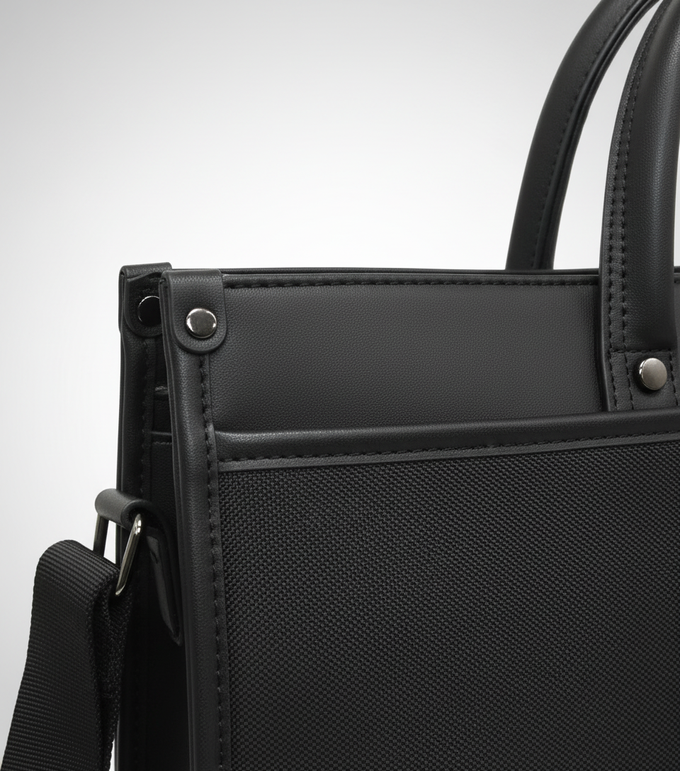 Elegant svart portfölj, DocuCarry arbetsväska, med stilren design. Rymlig för laptop och dokument, idealisk för möten.