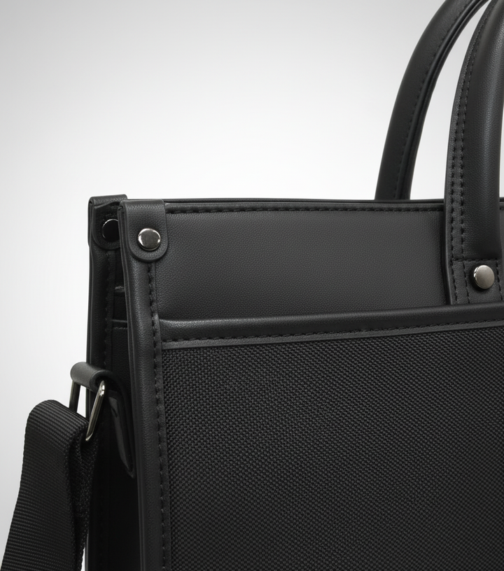 Elegant svart portfölj, DocuCarry arbetsväska, med stilren design. Rymlig för laptop och dokument, idealisk för möten.