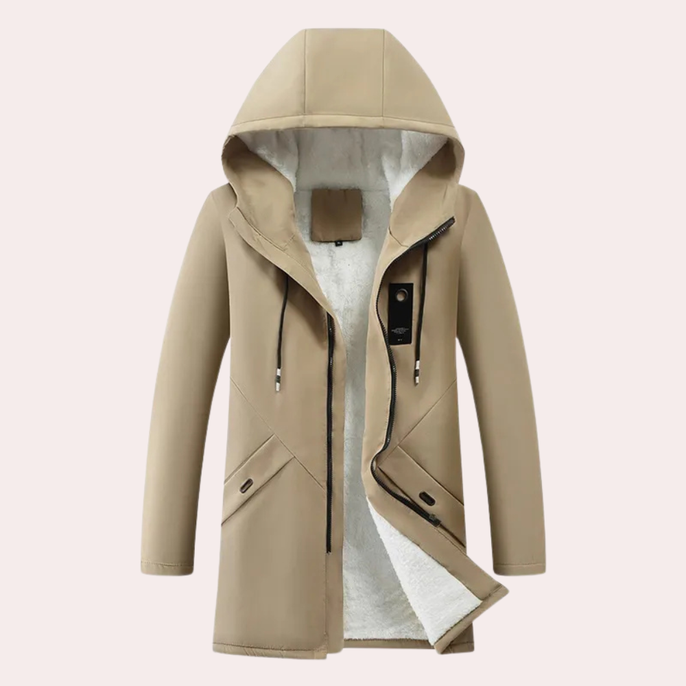 Svart stilren herr vinterjacka, varm parkas för kalla dagar. Perfekt ytterplagg herrkläder.